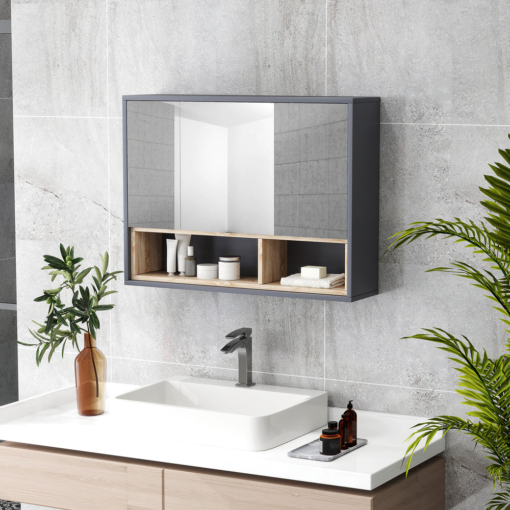 Wall-mounted medicine cabinet with mirror and shelves, gray