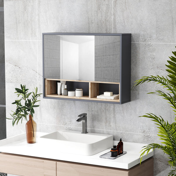 Wall-mounted medicine cabinet with mirror and shelves, gray