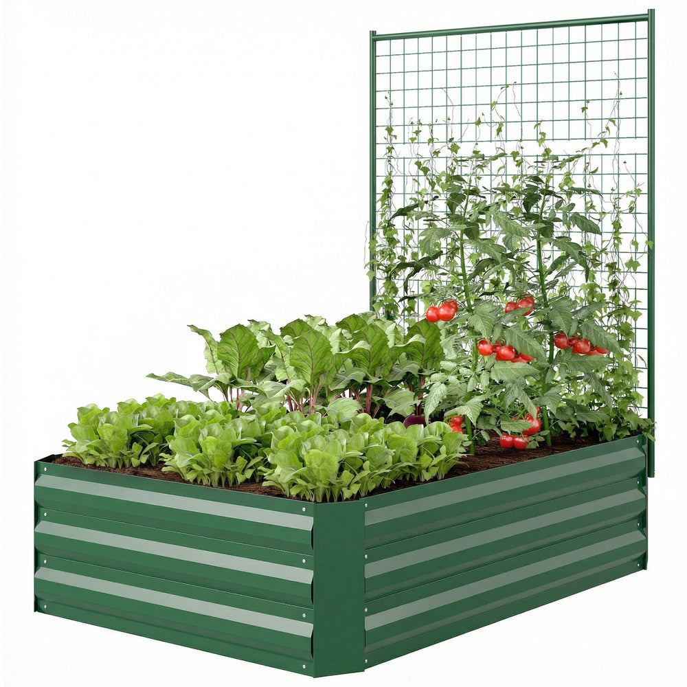 Galvanized Raised Garden Bed with Trellis for Climbing Plants, Outdoor Flower Planter Box with Open Bottom, Green