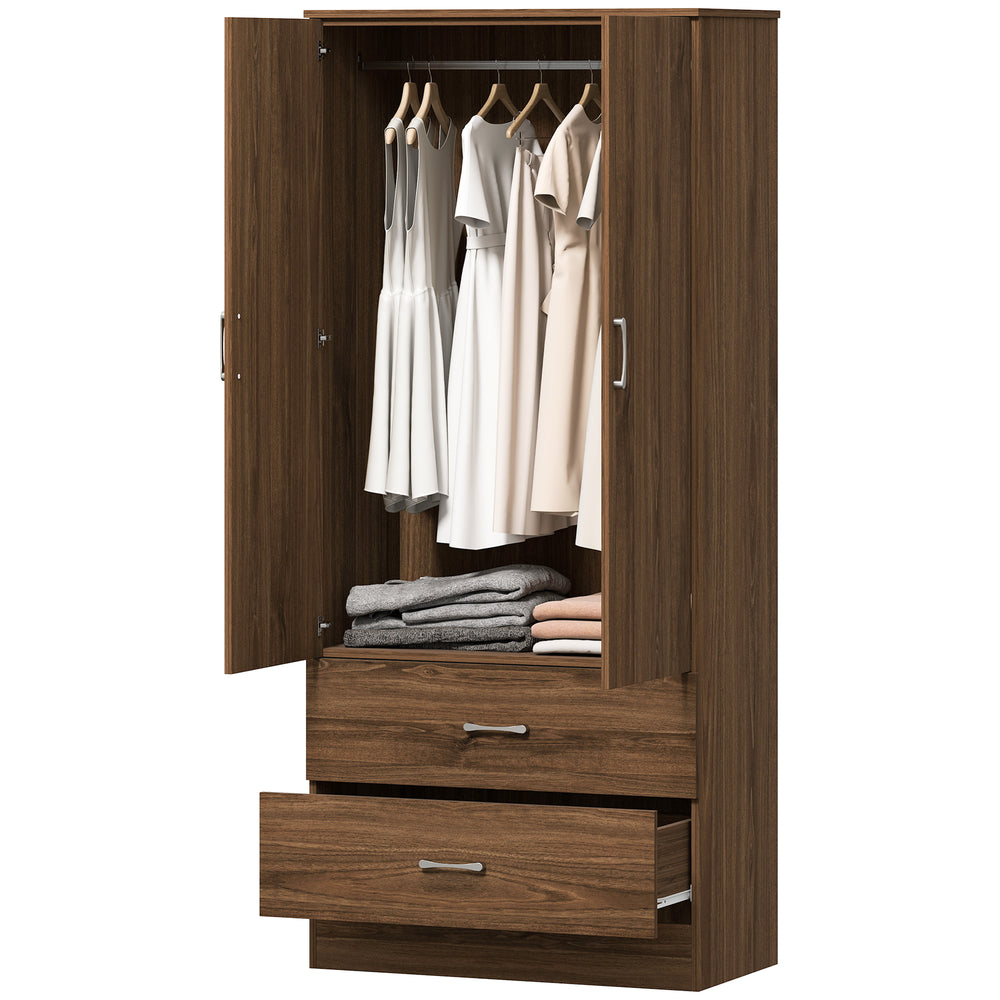 Wardrobe with hanging rod and 2 doors with 2 drawers, walnut