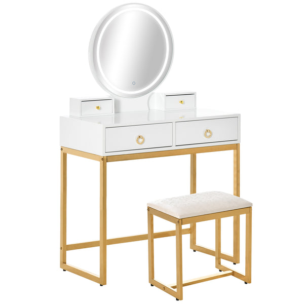 Dressing table with 3-color touch mirror and dimmable lighting, white