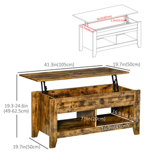 Lift-top coffee table with hidden storage compartment and open shelves, brown