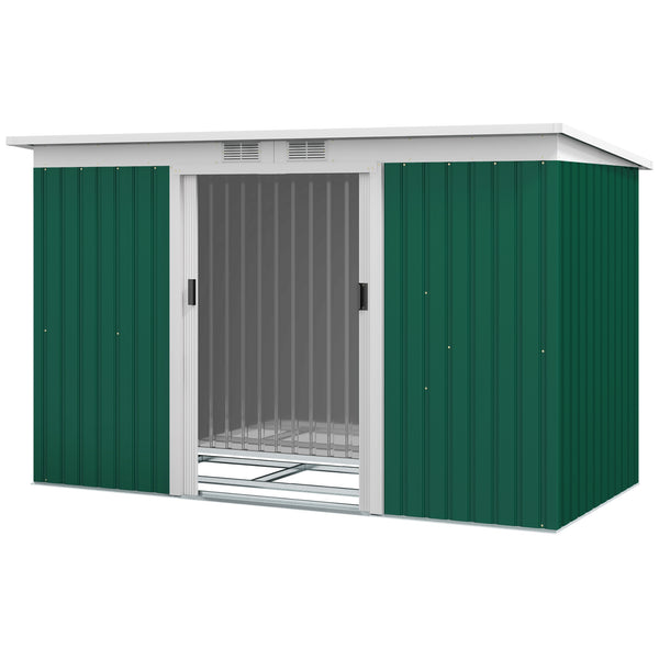 Metal garden shed with foundation kit, ventilation and doors, dark green