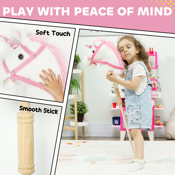 Plush Unicorn with Wooden Wheels, Neighing and Galloping Sounds, White