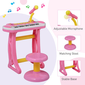 Piano keyboard with stool, working microphone and bright flashlight, pink