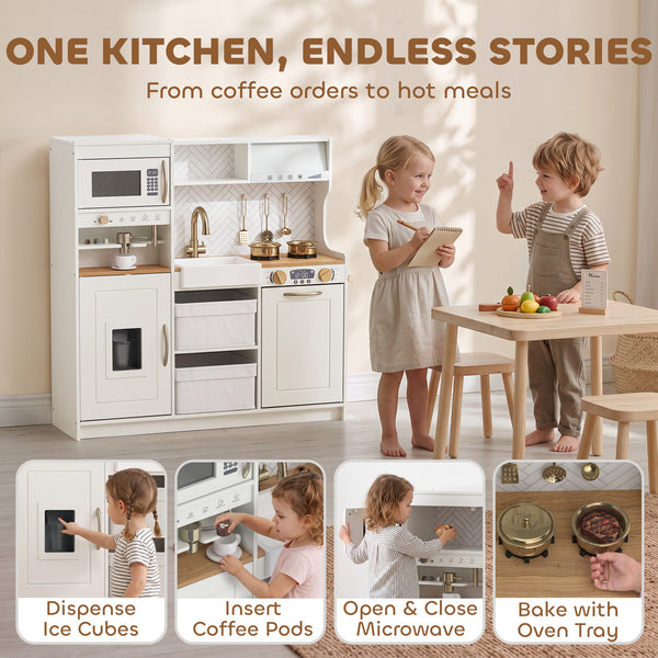 Children's play kitchen with coffee machine, ice dispenser and storage, white