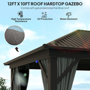 10' x 12' Outdoor Hardtop Gazebo Metal Roof Patio Gazebo with Aluminum Frame, Mesh Nettings, Dark Grey