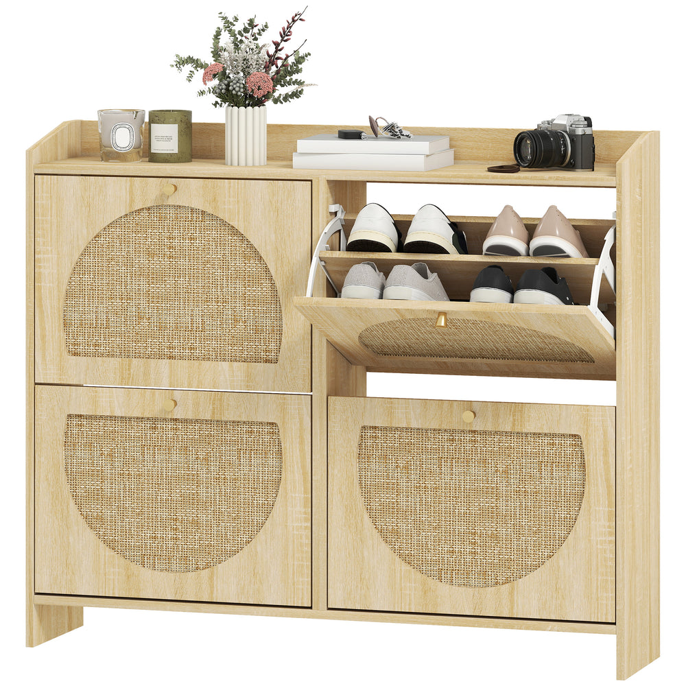 Shoe cabinet with 4 folding drawers with rattan doors and adjustable shelves, capacity of 16 pairs, natural color