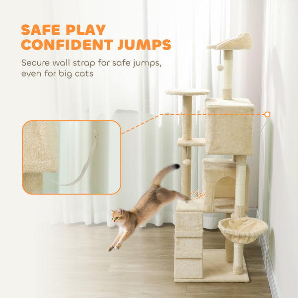 160cm Cat Tree with Scratching Posts, Cabins, Soft Perches, Hammock, Ladder, Beige