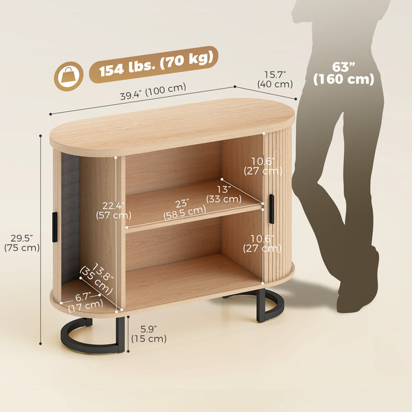 Sideboard Buffet Cabinet with Curved Tambour Doors, Thick Tabletop and Arc Metal Legs Natural Wood