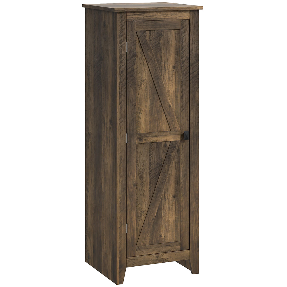Storage unit with barn door and adjustable shelves, brown