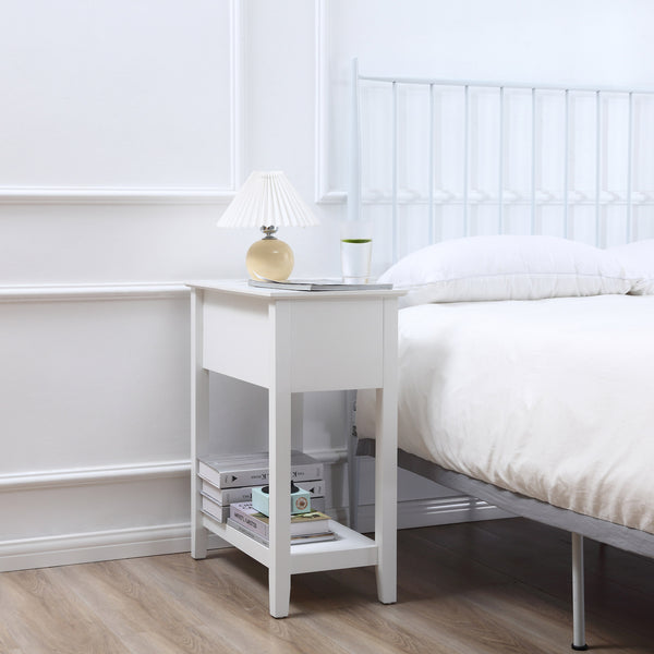 Folding side table with storage shelf and cable management, white