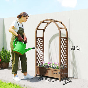 Raised planter with arched trellis, dark brown wood