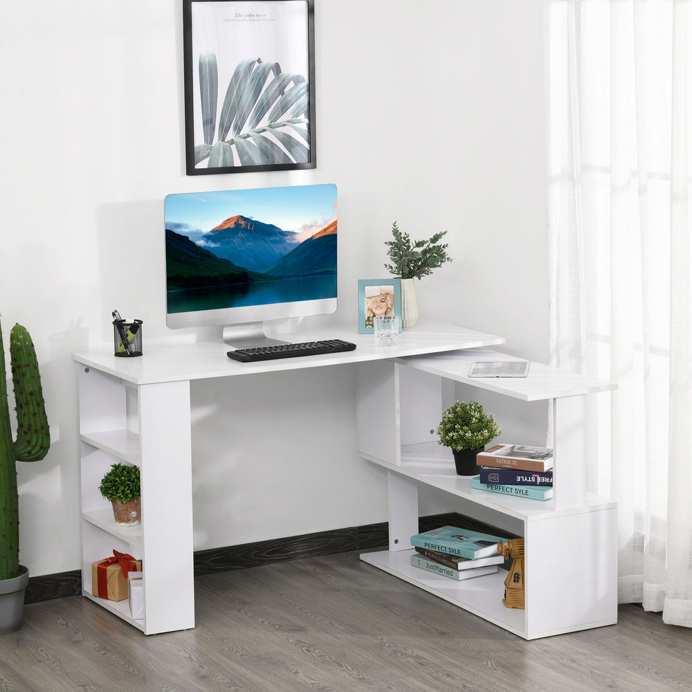 47" L-shaped corner desk, 360° rotating, reversible, with storage shelf, white