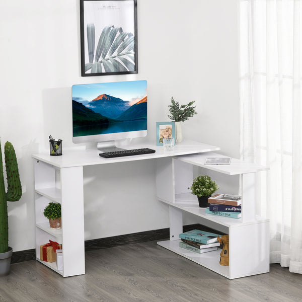 47" L-shaped corner desk, 360° rotating, reversible, with storage shelf, white