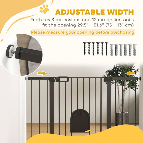 Extra Wide Pet Gate for 30-52" Pets with Small Door, Pressure Mount for Stairs, Black