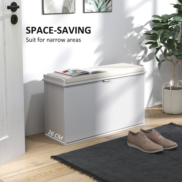 Hallway bench with upholstered seat and drop-down drawers, white