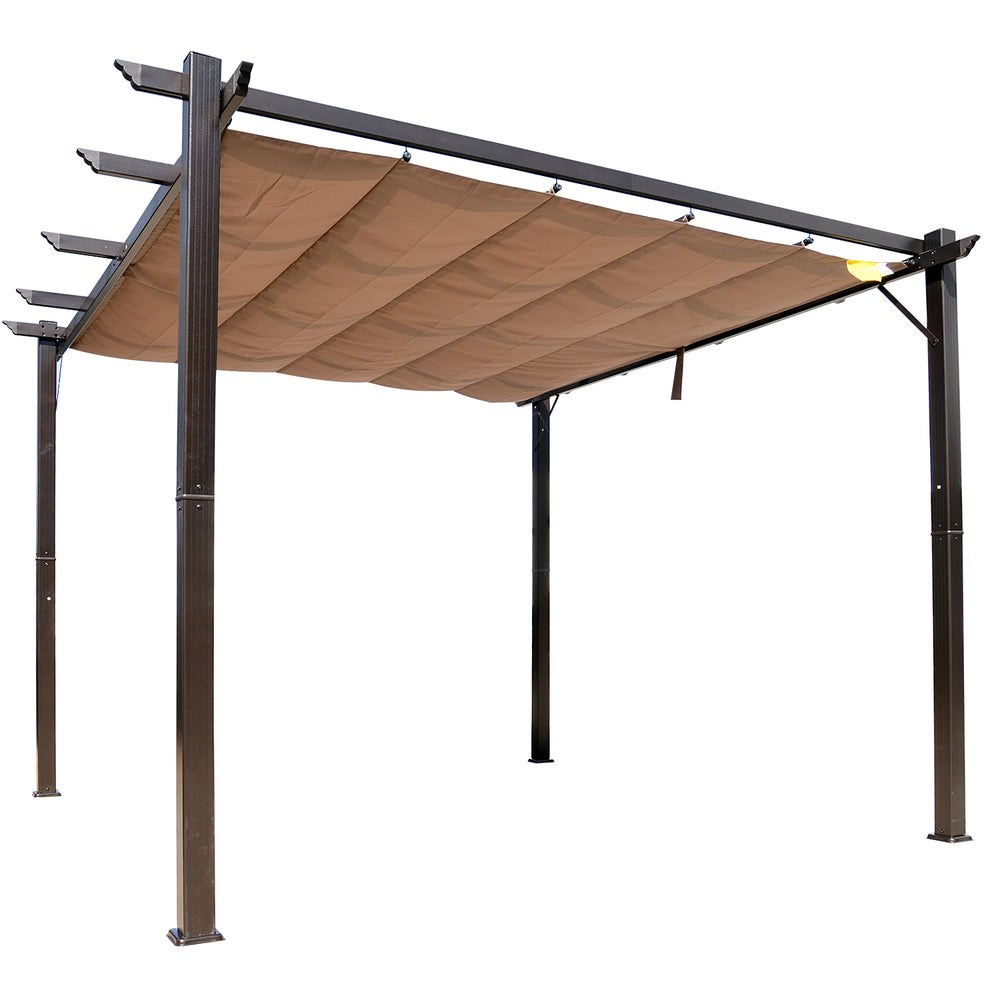 Structure de gazebo carré en aluminium de 10x10 pieds avec toile beige installée sur une terrasse de jardin