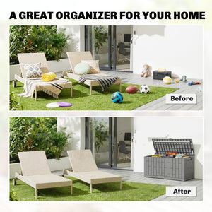 80-gallon outdoor resin storage box, lockable, splash-proof and UV-resistant.