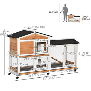 Wooden hutch with wheels, enclosure, tray, and ramp