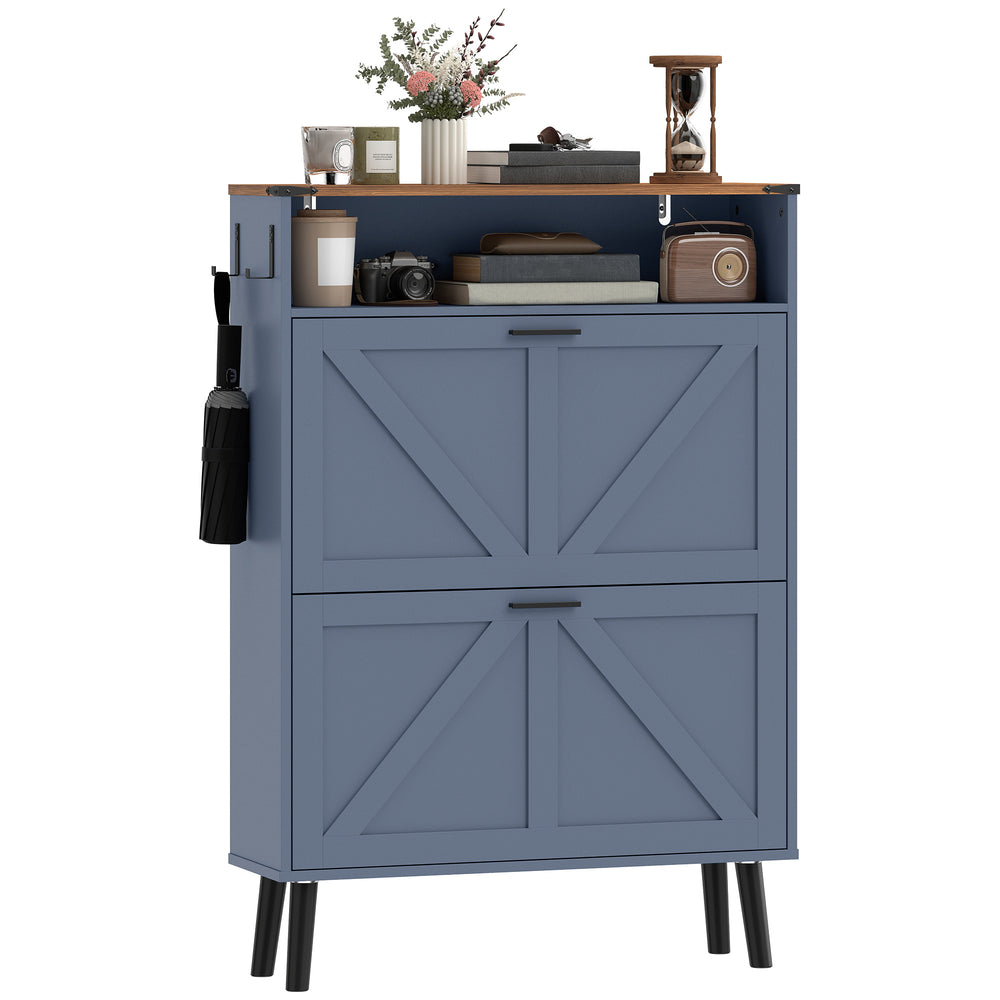 Shoe cabinet with 2 tilt-out drawers, country style, narrow, holds up to 16 pairs, blue