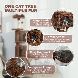 160cm Cat Tree with Sisal Scratching Posts, Cabins, Soft Perches, Hammock, Leopard Print