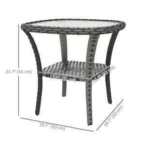 Outdoor Coffee Table with Storage Shelf, Hand-Woven Wicker Side Table with Water-Ripple Glass Top, Mix Grey
