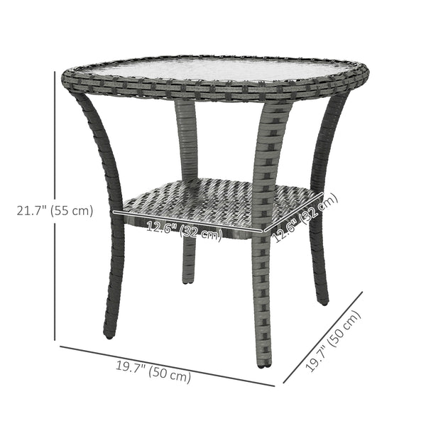 Outdoor Coffee Table with Storage Shelf, Hand-Woven Wicker Side Table with Water-Ripple Glass Top, Mix Grey