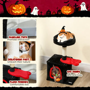 71cm Gothic Cat Tree with Soft Bed, Cozy Cave, Scratching Post and Hanging Ball, Red and Black
