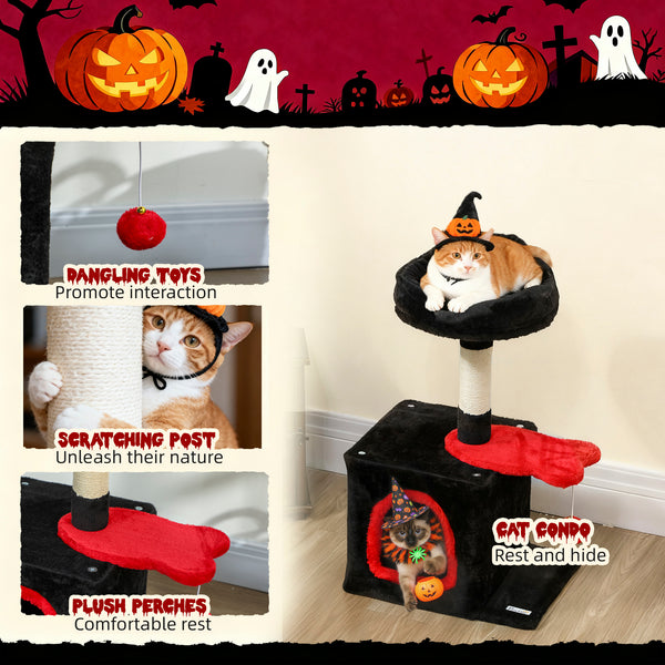 71cm Gothic Cat Tree with Soft Bed, Cozy Cave, Scratching Post and Hanging Ball, Red and Black