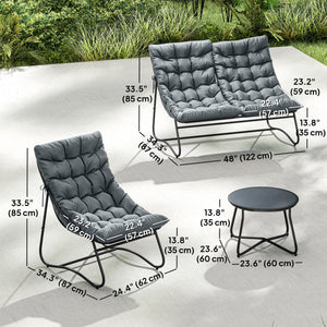 4-Piece Patio Furniture Set, Loveseat, Chairs, Round Metal Table, Cushions, Grey