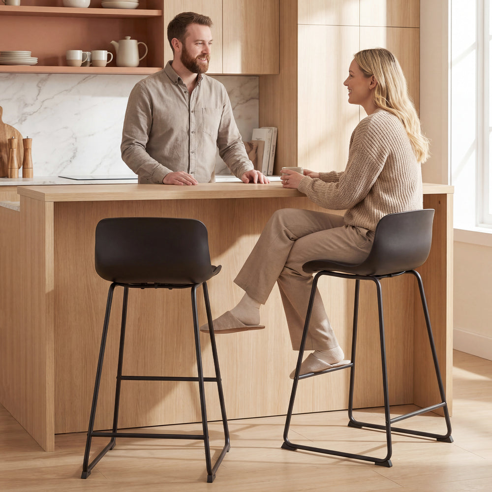Set of 2 modern faux leather bar stools, counter height, black