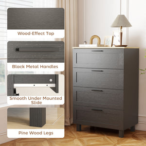 Chest of drawers with 4 drawers, solid wood legs, black.