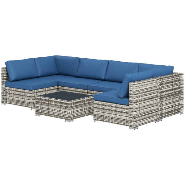 Modular 7-piece garden set in woven resin with coffee table, blue
