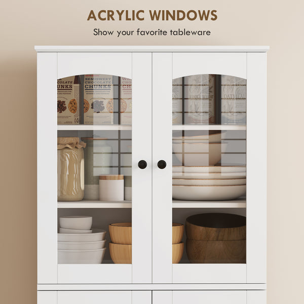 Armoire de cuisine avec portes en acrylique à fermeture amortie, 10 étagères et 8 supports de porte, blanche.