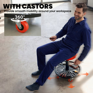 Adjustable mechanic's stool with casters and tool storage tray, red