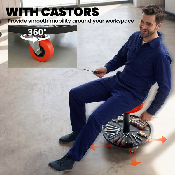 Adjustable mechanic's stool with casters and tool storage tray, red