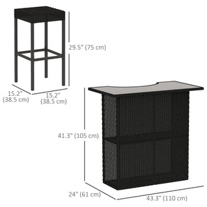 5-Piece Patio Bar Set, Synthetic Rattan Table and High Chairs, with Tempered Glass Top, Black