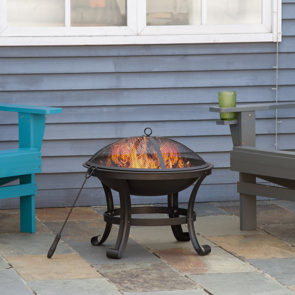 Outdoor Fire Pit with Mesh Cover, Poker, for Camping, Bonfire, Picnic, Black