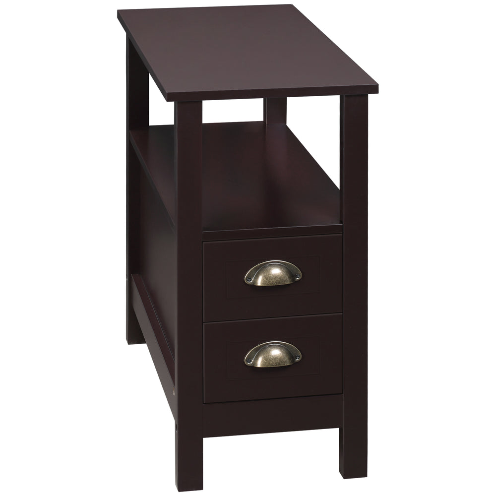 Narrow side table with 2 drawers and storage shelf, coffee