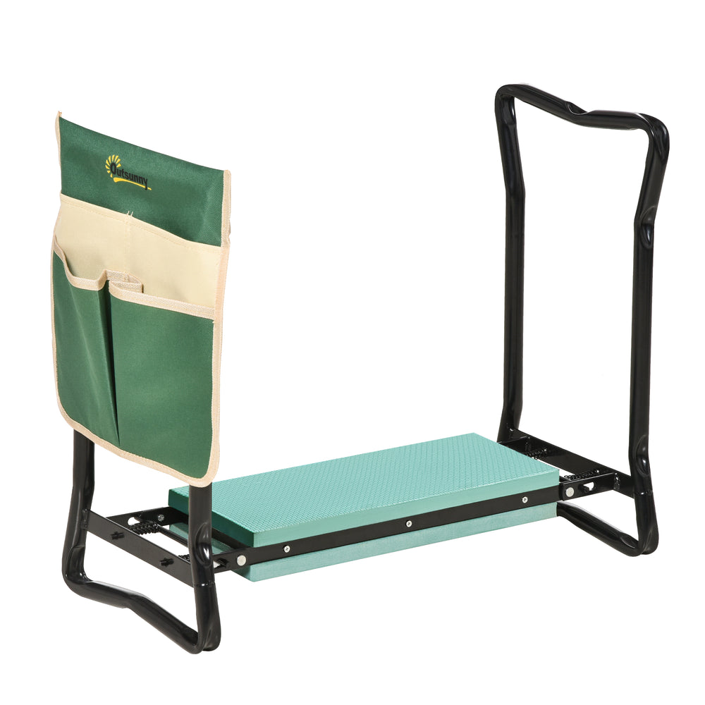 Folding garden bench and kneeler with foam seat, green
