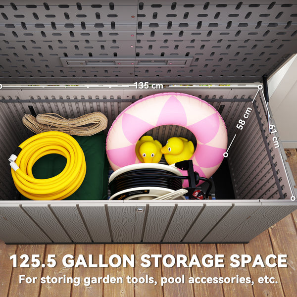 Large capacity outdoor storage box with lockable lid and gas struts.