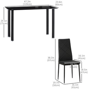 Table and chair set for 4 people, glass table, padded seat and steel frame