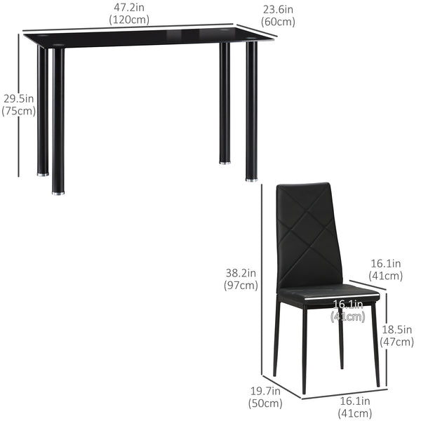 Table and chair set for 4 people, glass table, padded seat and steel frame