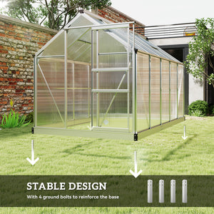 Polycarbonate greenhouse with gutter, vents and sliding door, silver color