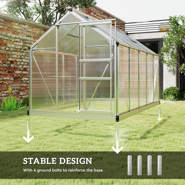 Polycarbonate greenhouse with gutter, vents and sliding door, silver color