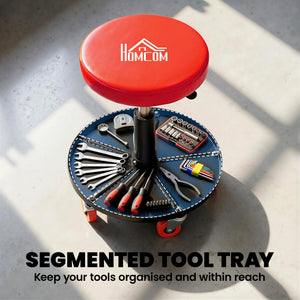 Adjustable mechanic's stool with casters and tool storage tray, red
