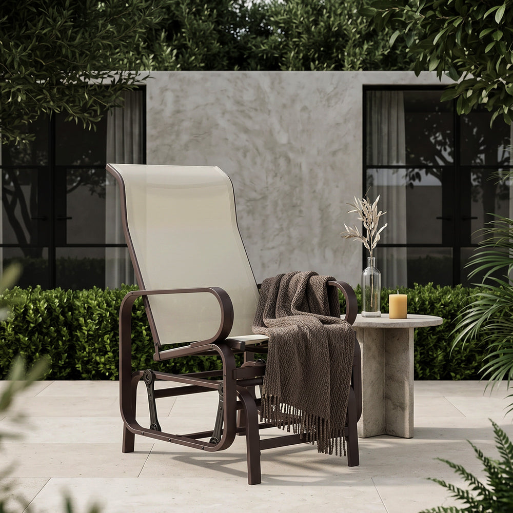 Outdoor rocking armchair in mesh, for patio, garden or veranda, brown and beige.