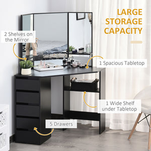Corner dressing table with 5 drawers and open shelves, 3-piece mirror, black