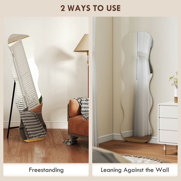 Irregular Wavy Frameless Full Length Mirror with Pine Base, Black